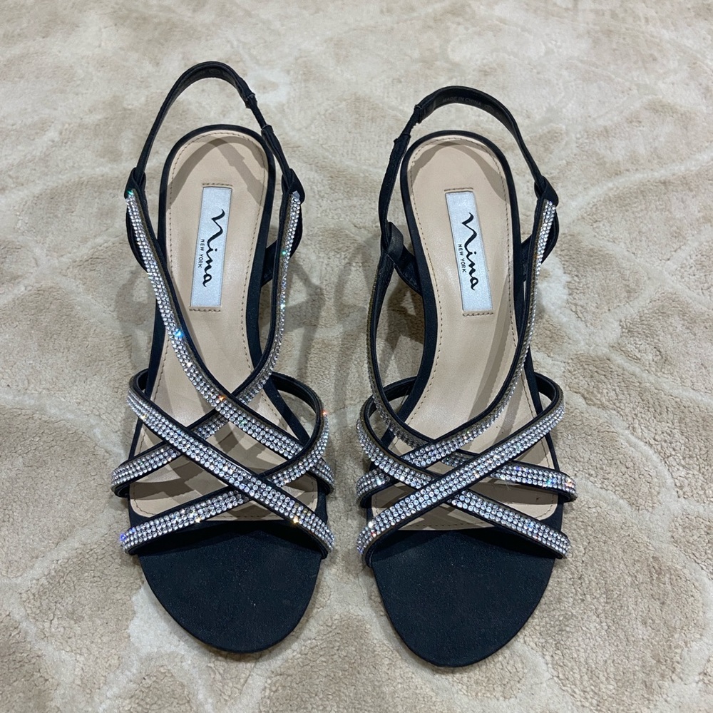 Nina New York Black and Silver rhinestone Strappy heeled Sandals prom dance